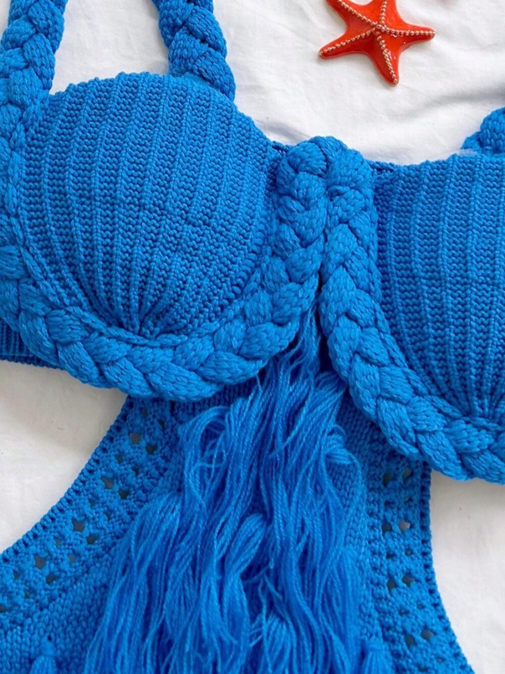 Blue Sexy Women's Crochet Braided Spaghetti Strap Bodycon Mini Dress - Picture 3 of 4